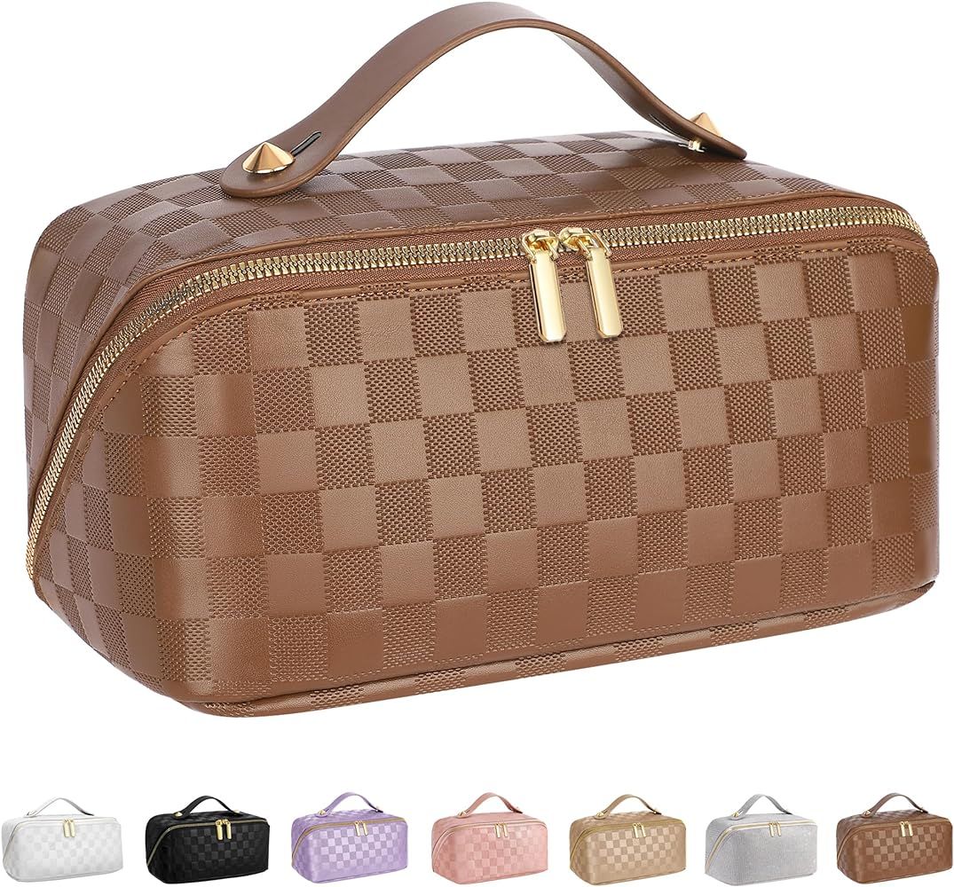 ALEXTINA Large Capacity Travel Cosmetic Bag - Portable Women Waterproof PU Leather Checkered Make... | Amazon (US)
