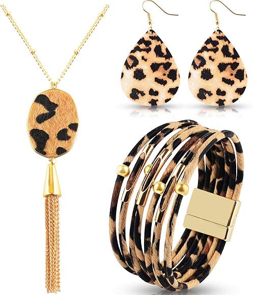 3 Pack Leopard Bracelets Multi-Layer Leather Bangles with Boho Leopard Pendant Necklace and Earri... | Amazon (US)