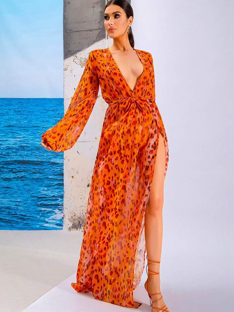 LOVE&LEMONADE Leopard Plunging Neck Lantern Sleeve Wrap Hem Belted Dress | SHEIN