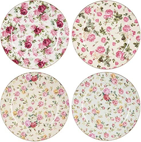 Gracie China Rose Chintz Porcelain 8-Inch Dessert Plate Set of 4, Assorted Four Designs | Amazon (US)