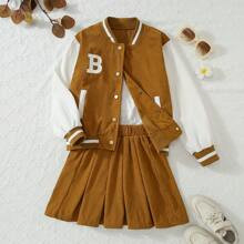 Girls 2pcs Set Corduroy Letter B Print Baseball Jacket + Solid Color Pleated Skirt, Fashion Outfit Set For Spring & Autumn | SHEIN