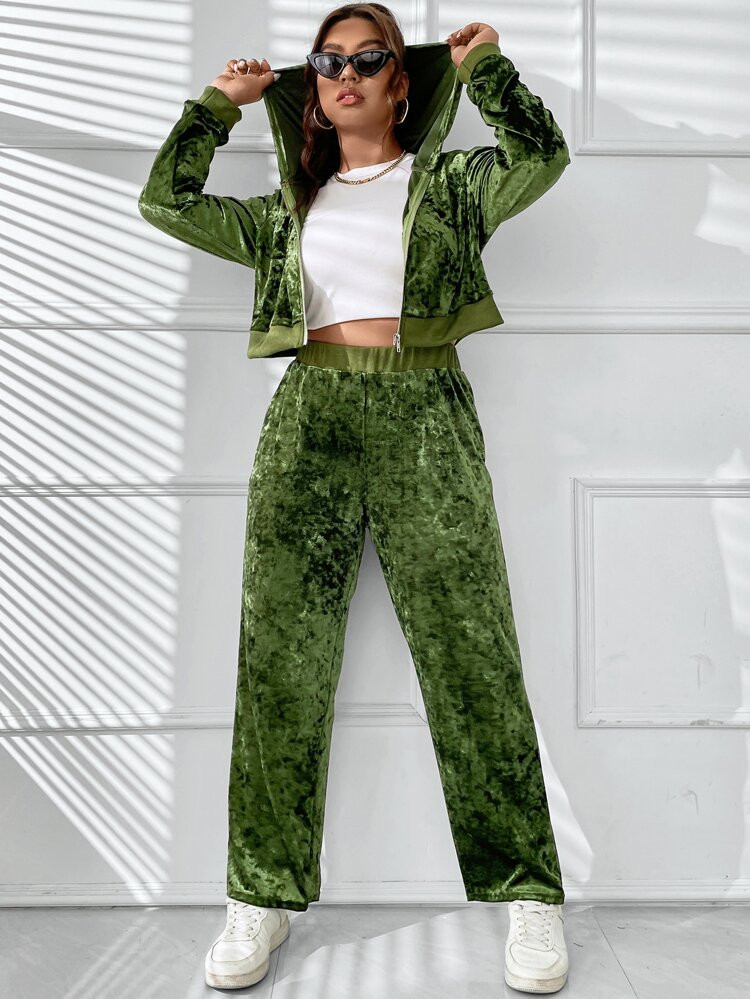 Plus Zip Up Drawstring Hooded Velvet Jacket & Sweatpants | SHEIN
