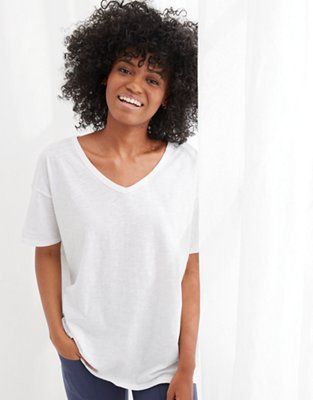 Aerie Distressed Basic V-Neck Boyfriend T-Shirt | American Eagle Outfitters (US & CA)