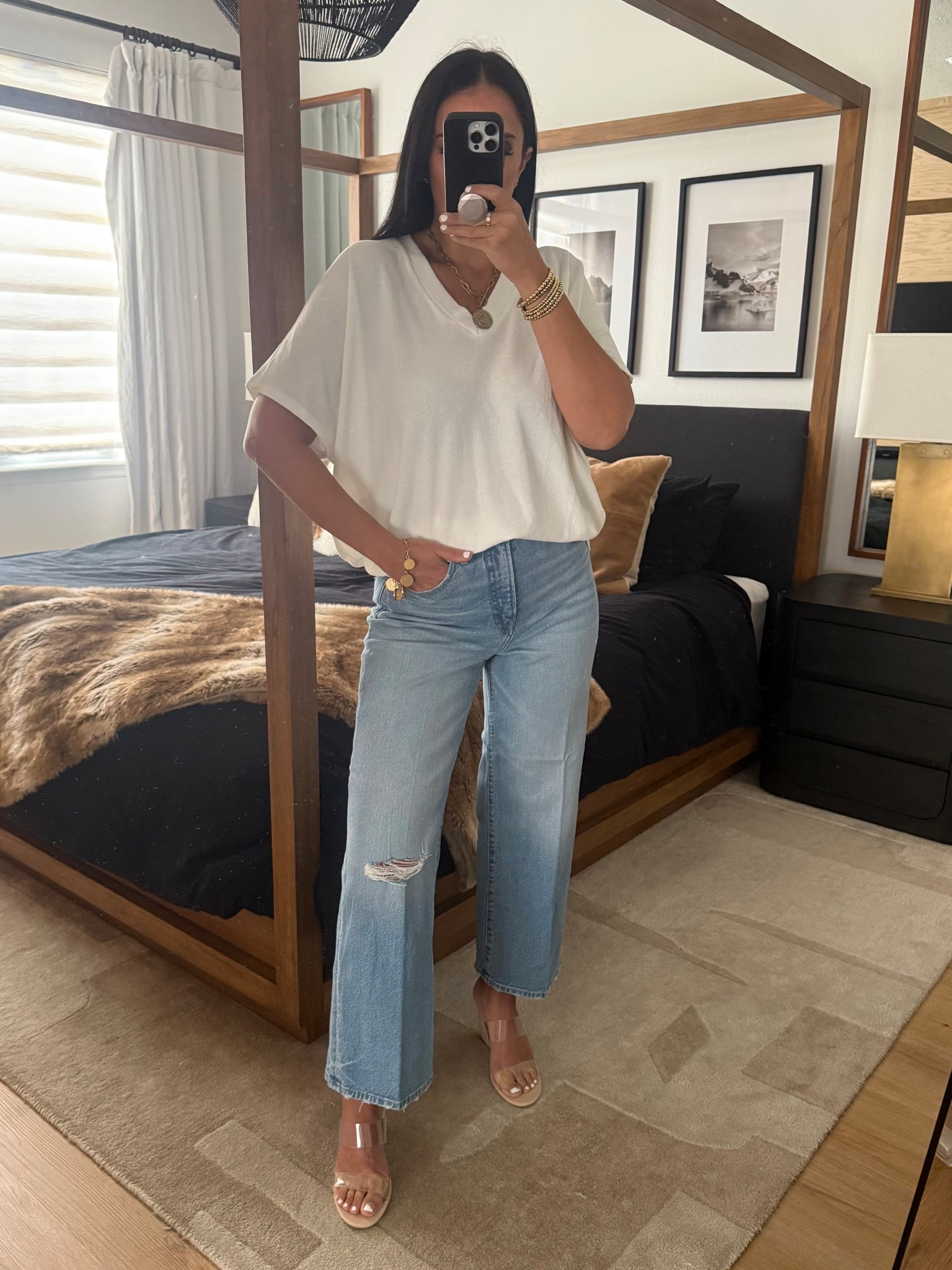 High Waisted Light Wash Ripped Wide Leg Ankle Jeans. Relaxed Crepe V-Neck Short Sleeve Sweater
