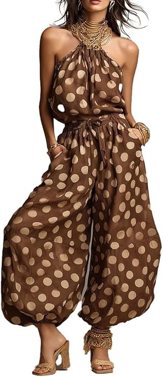 Wuitrie Women's Sexy Polka Dot Halter Jumpsuit Flowy Wide Leg Pants Sleeveless Backless Summer Be... | Amazon (US)
