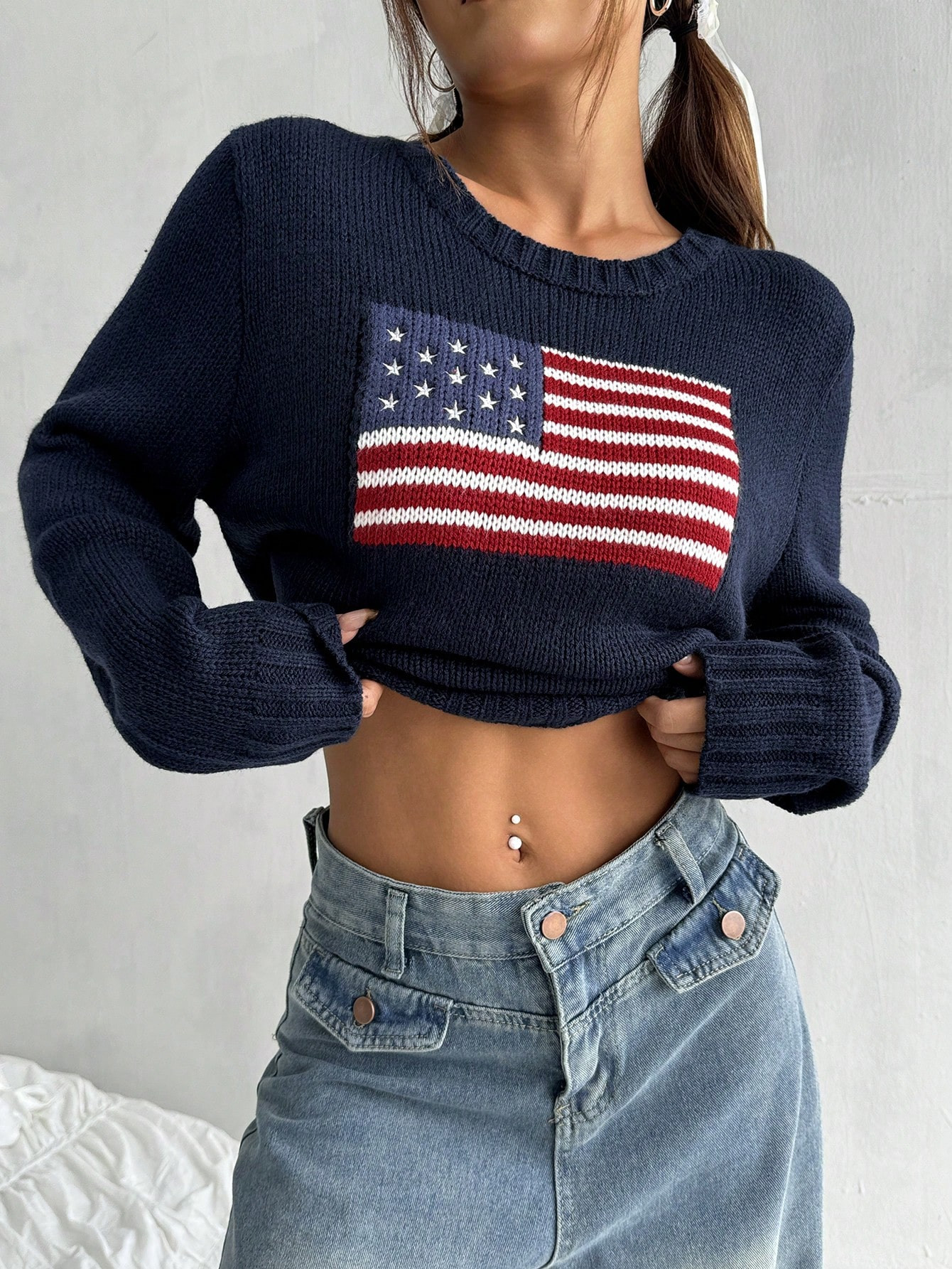 SHEIN EZwear Women 4th Of July American Flag Pattern Round Neck Casual Long Sleeve Sweater | SHEIN