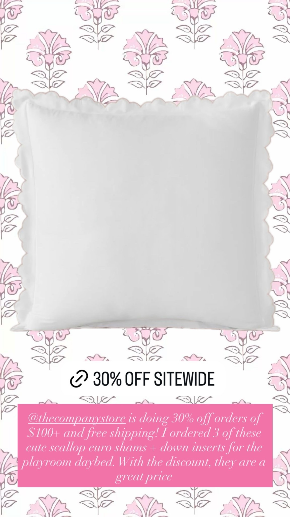 @thecompanystore is doing 30% off orders of $100+ and free shipping! I ordered 3 of these cute scallop euro shams + down inserts for the playroom daybed. With the discount, they are a great price