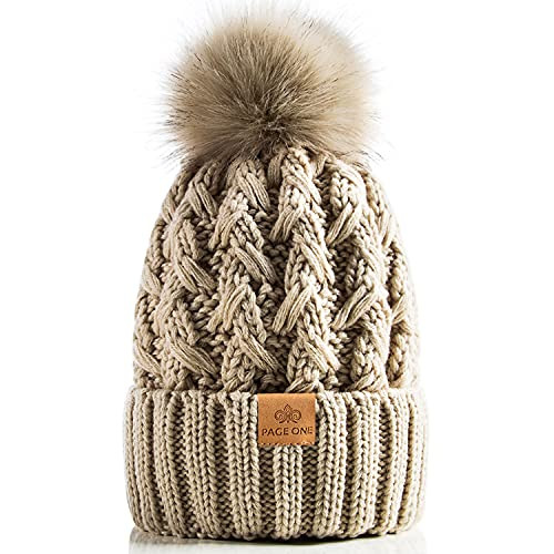PAGE ONE Womens Winter Ribbed Beanie Crossed Cap Chunky Cable Knit Pompom Soft Warm Hat Oatmeal | Amazon (US)