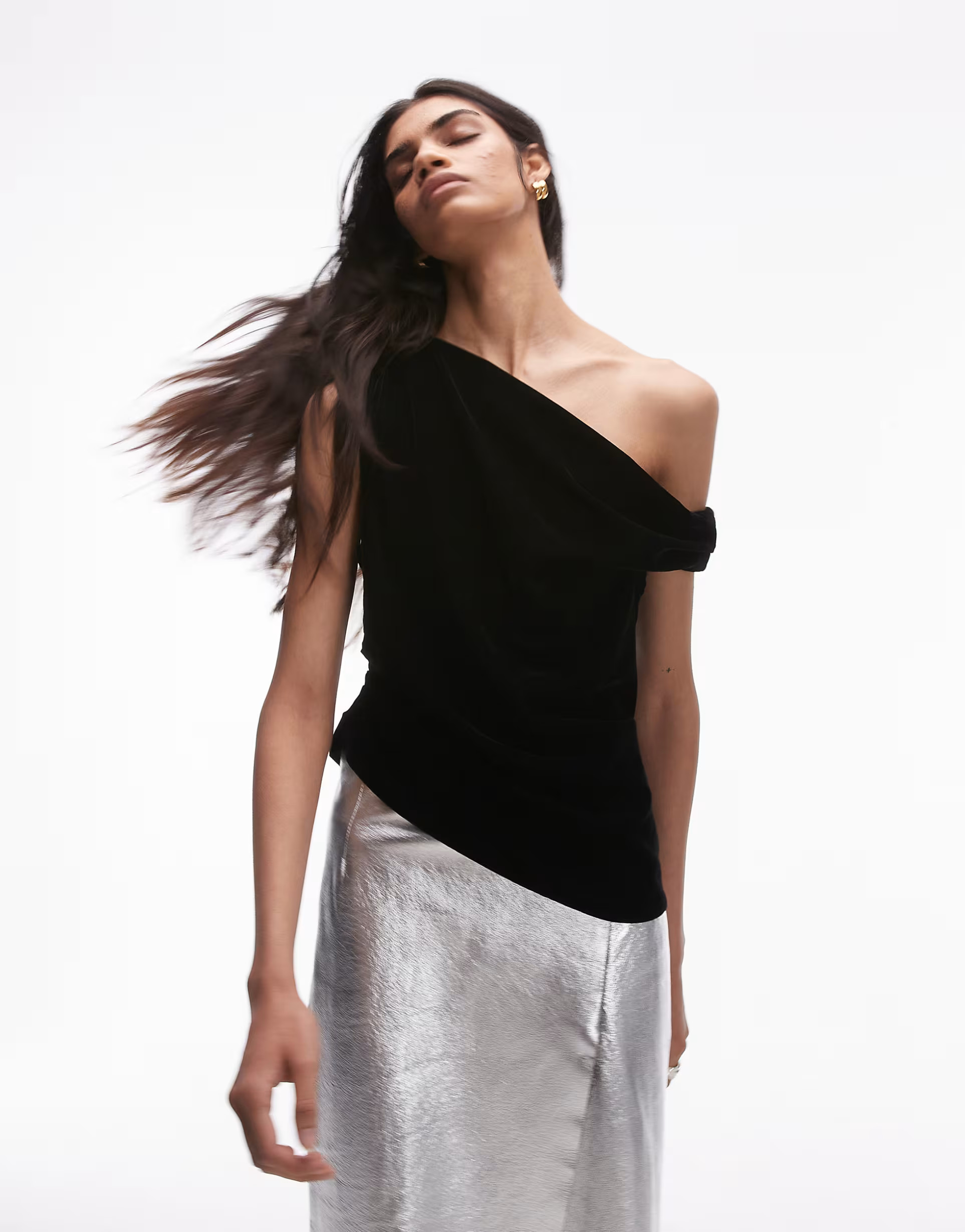 Topshop velvet asymmetric shoulder top in black | ASOS | ASOS (Global)