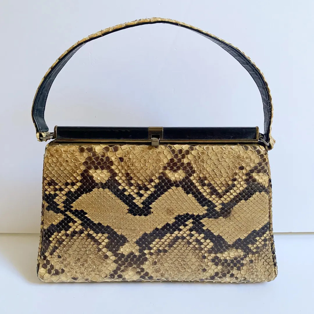 Vintage 1960s Snakeskin Top Handle Handbag Purse Brown Tan - Etsy | Etsy (US)