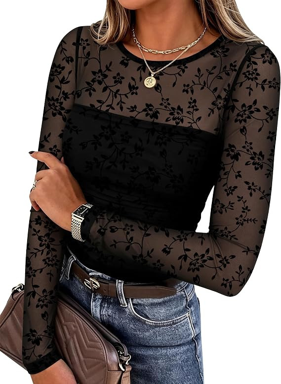 Zeagoo Long Sleeve Shirts for Women Sheer Mesh Sexy Blouses Going Out Tops | Amazon (US)