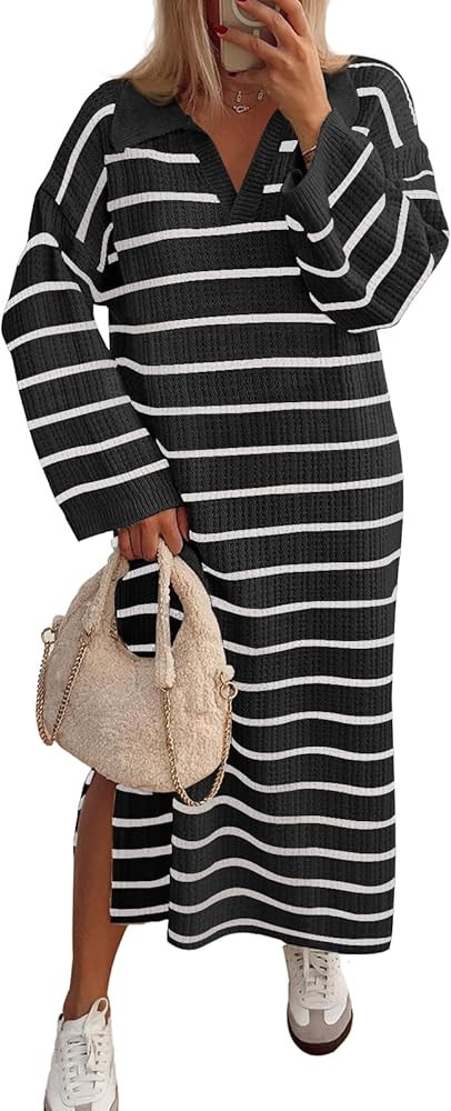 MEROKEETY Women's 2024 Long Sleeve Striped Sweater Dress V Neck Collared Slit Casual Knit Maxi Dr... | Amazon (US)