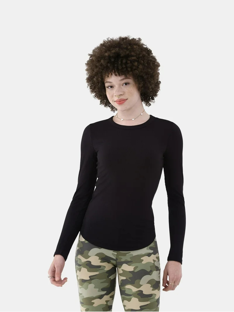 No Boundaries Ribbed Crewneck Tee with Long Sleeves, Women's & Women's Plus XXS-4X | Walmart (US)