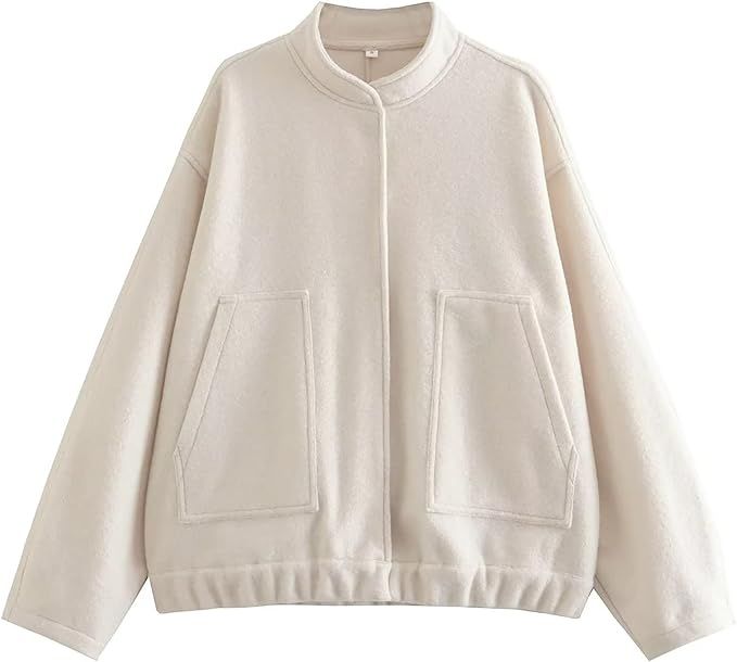 Varsity Jackets for Women Wool Blend Oversized Sweatshirt Button Up Casual Jacket Mock Neck Tops ... | Amazon (US)
