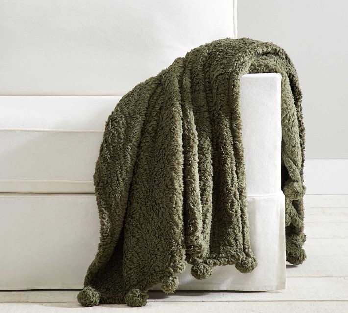 Cozy Pom Pom Sherpa Throw, 50 x 60", Loden | Pottery Barn (US)