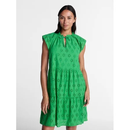 Time and Tru Women's Tiered Cotton Eyelet Mini Dress with Flutter Sleeves, Sizes XS-XXXL | Walmart (US)