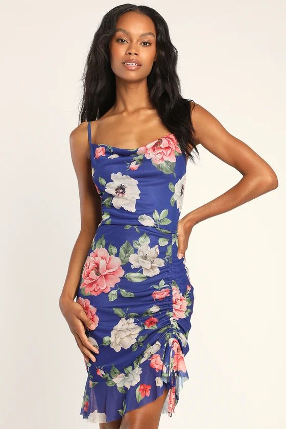 Blossoming Allure Royal Blue Floral Ruched Bodycon Mini Dress | Lulus (US)