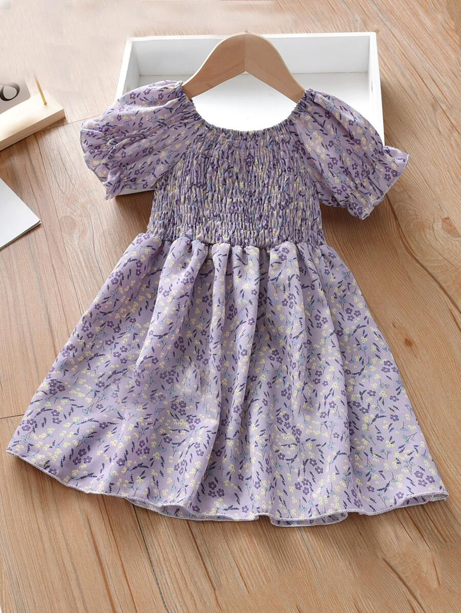 Toddler Girls Ditsy Floral Print Shirred Dress | SHEIN