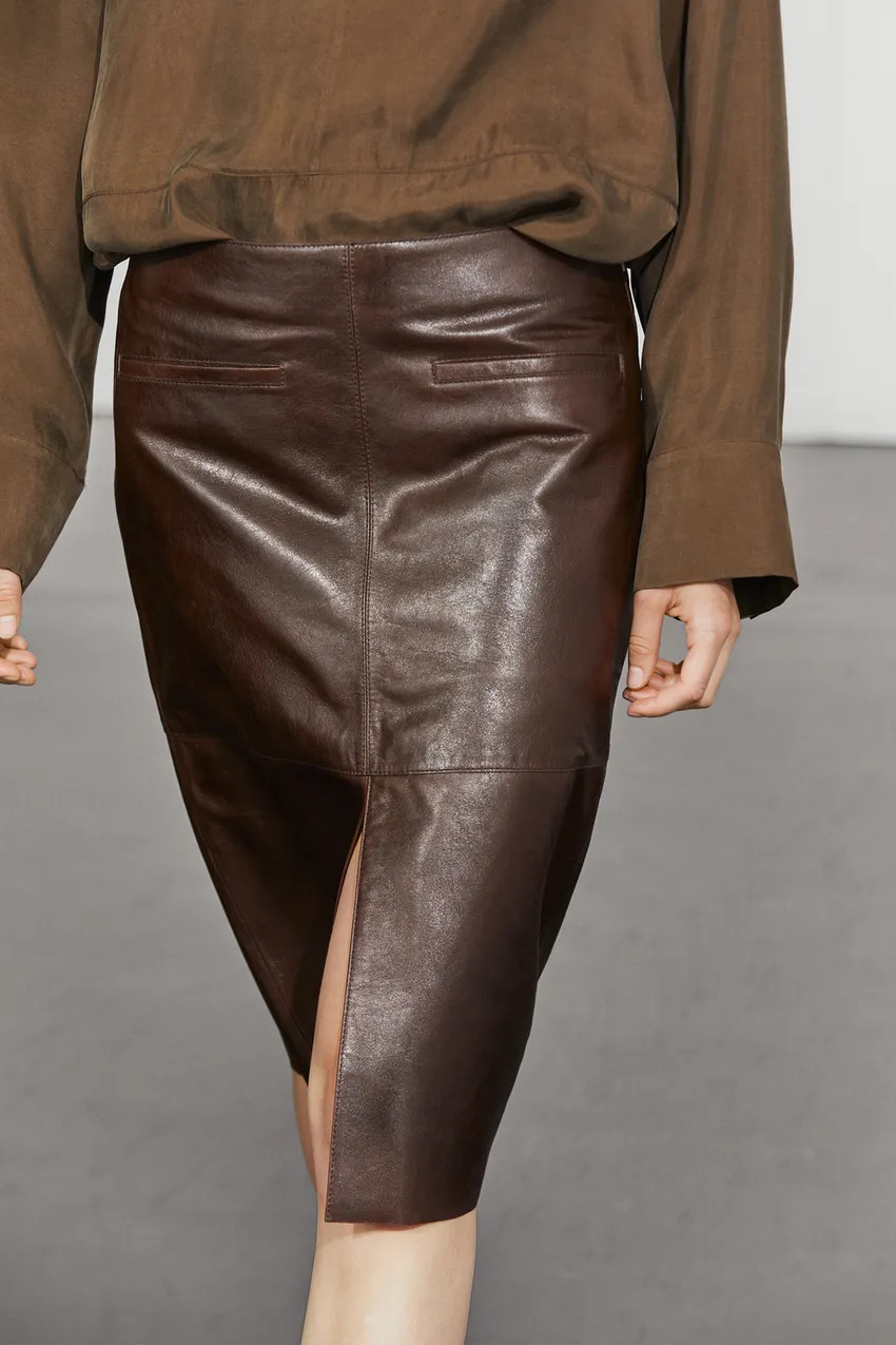 Leather midi skirt with pockets - Chocolate | Massimo Dutti US