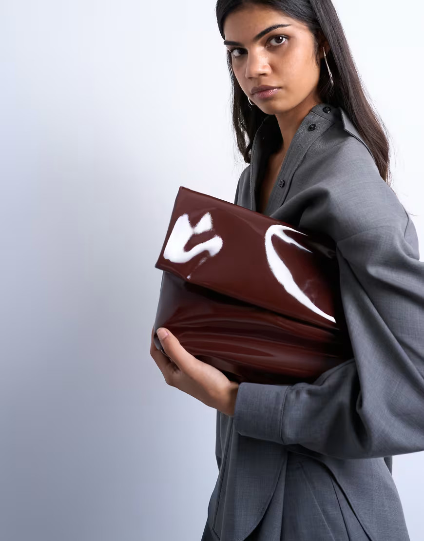 Topshop Georgia folded clutch purse in chocolate patent-Brown | ASOS (Global)