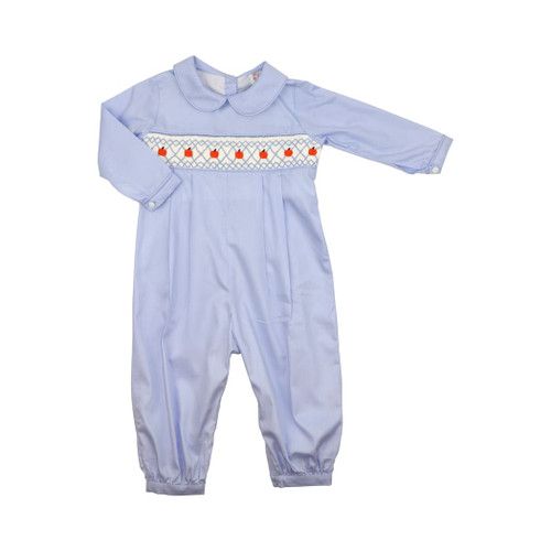Blue Smocked Pumpkin Long Romper | Cecil and Lou