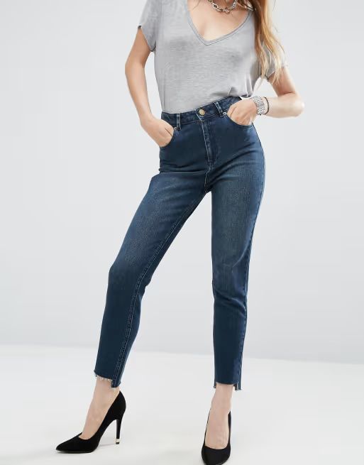 ASOS FARLEIGH Slim Mom Jeans In Jupiter DarkWash with Stepped Hem | ASOS US