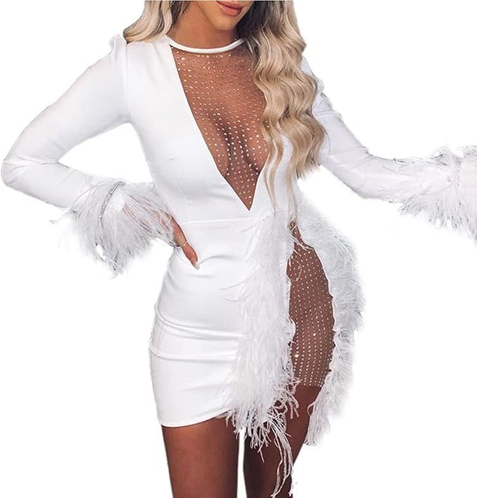 Amazon.com: Nhicdns Women Sexy Club Dress Long Sleeve Deep V Neck Party Mini Dresses Feather Sequ... | Amazon (US)