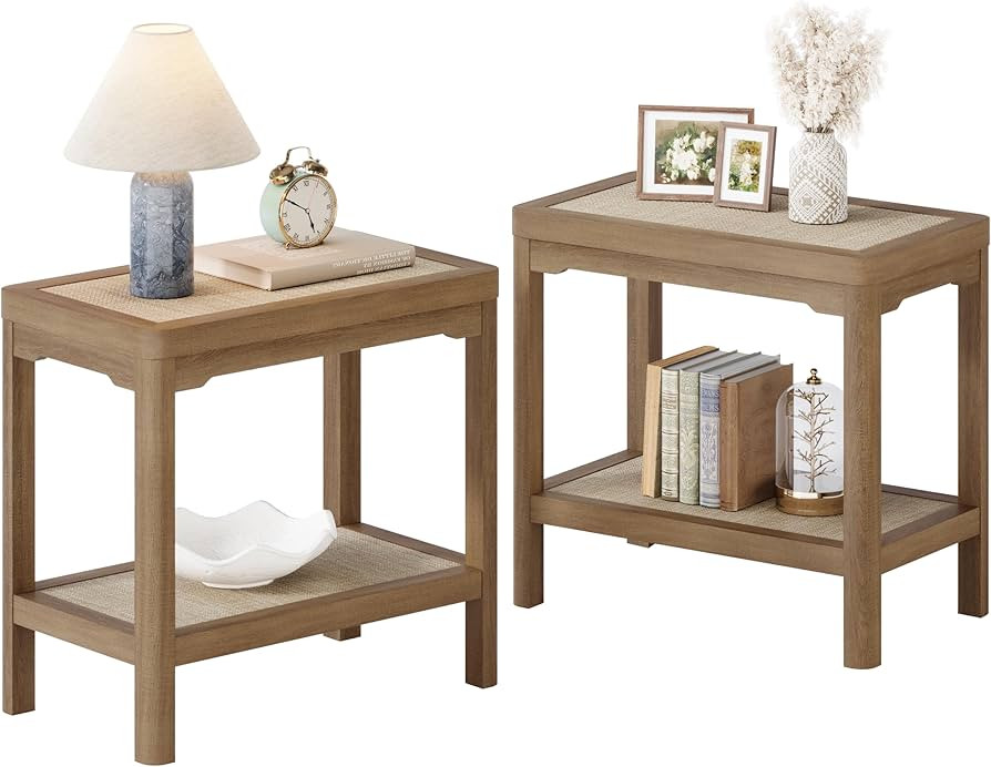 Eclatara Night Stand Set of 2, Farmhouse End Table with 2 Tier Boho Rattan Shelves, Side Tables w... | Amazon (US)
