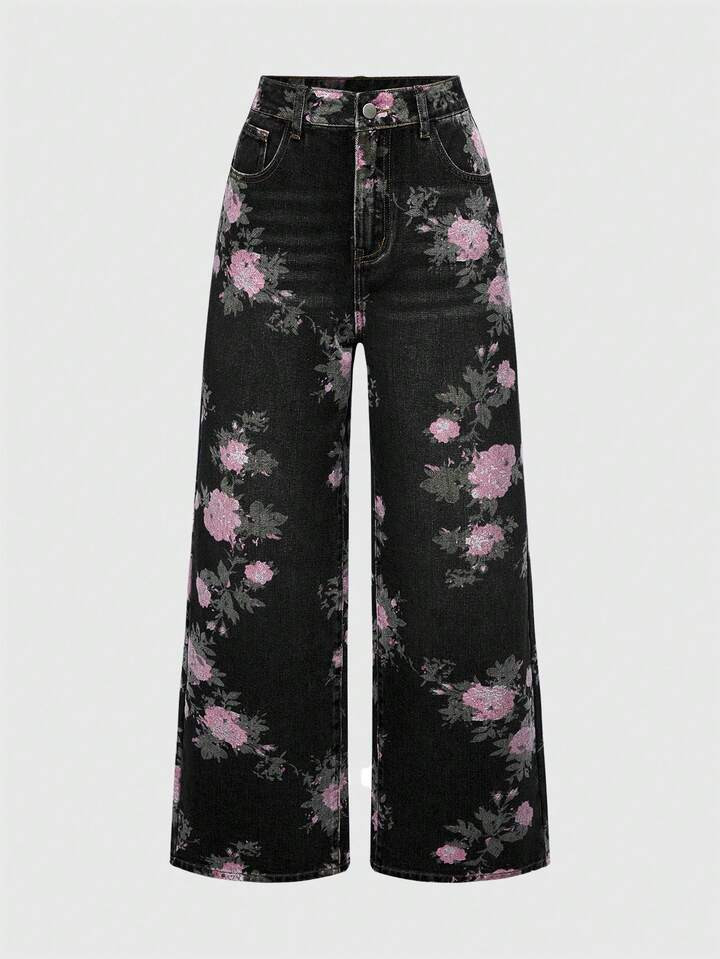ROMWE Fairycore Spring/Summer Carnival Party Casual Flower Black Vintage Floral Print Washed Loose Wide-Leg Jeans For Women | SHEIN