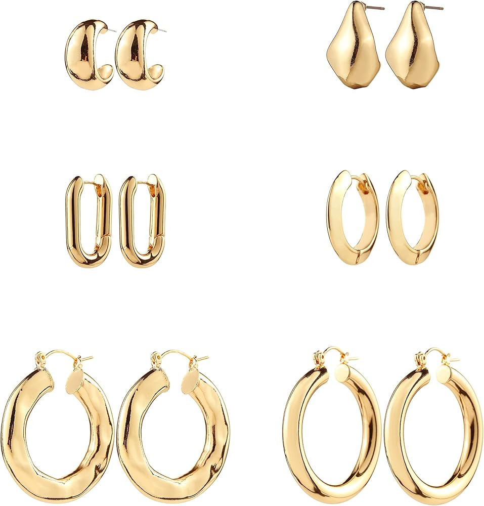 Gold Chunky Hoop Earrings Set for Women, 14K Gold Plated Twisted Huggie Hoop Earring Hypoallergen... | Amazon (US)