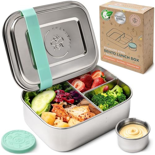 Everusely - Bento Box - Green, 27oz / 0.8 L - Stainless Steel Lunch Box with Leakproof Condiment Container - 3 Compartment Snack Organizer for On the Go Meals - Freezer & Dishwasher Safe | Amazon (US)
