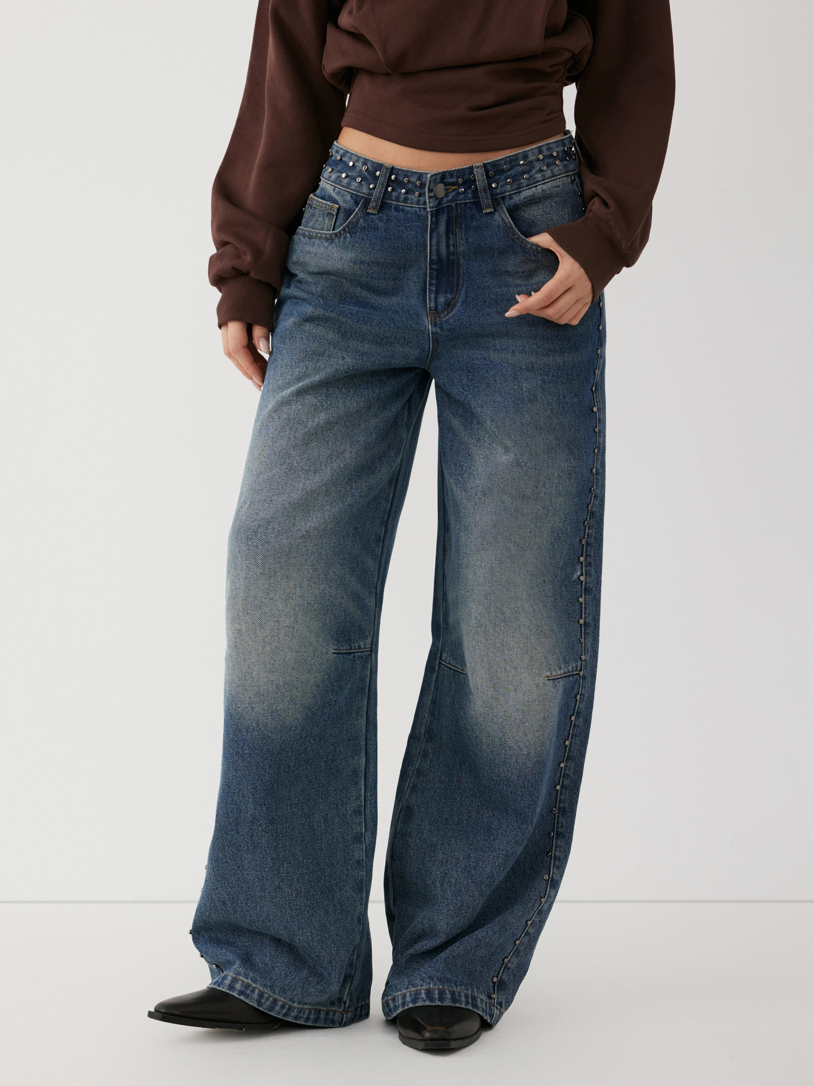 Denim Washed Denim Low Rise Studded Straight Leg Jeans For Daily Casual | Cider