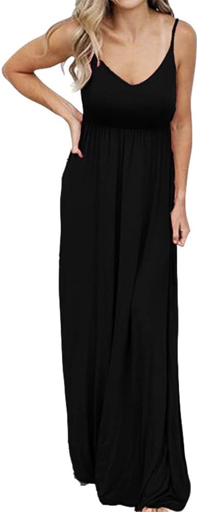 PRIMODA Women's Summer Casual Sleeveless V Neck Adjustable Spaghetti Strap Maxi Long Dress | Amazon (US)