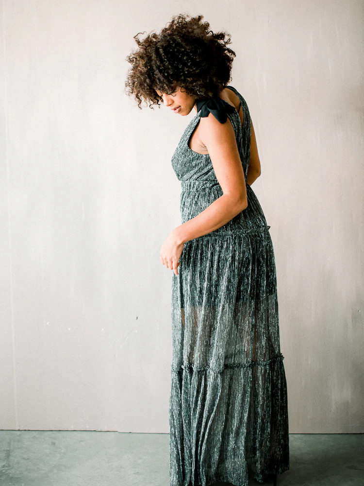 Halle Shoulder Tie Deep V Maxi - Silver | Confête