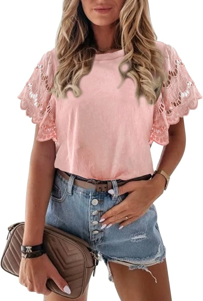 Zenlonr Women Summer Crewneck Bell Sleeves Tops 2023 Casual Solid Color Crochet T Shirts Hollow O... | Amazon (US)