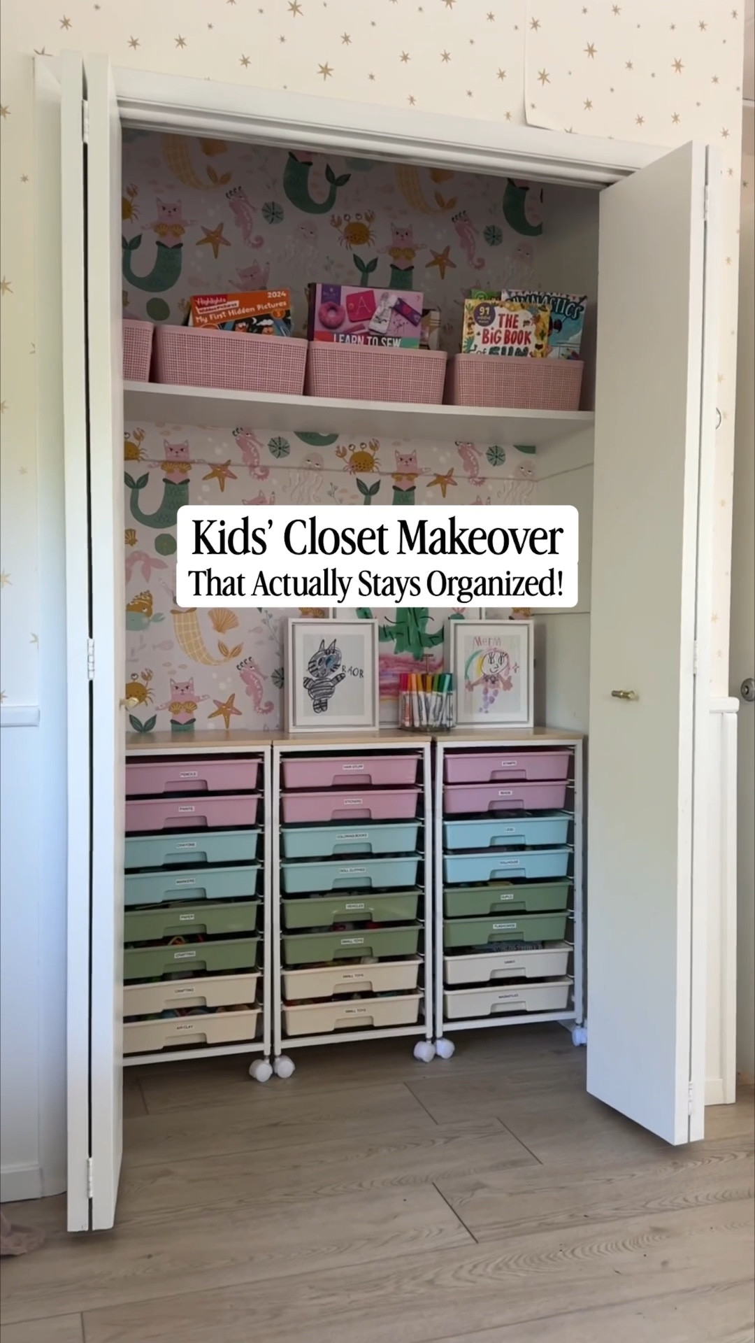 Kid’s closet organization with storage that actually helps little ones keep their room tidy! We gave my daughter’s messy closet a makeover last fall and I’m happy to report it still looks as clean as when we first completed it. These rolling drawers are so great, they’re just her height and the pastel colors are so fun. The perfect complement to the mermaid cat wallpaper she picked out herself! #kidsroom #girlsroom #organization

#LTKKids #LTKmomlife #LTKHome