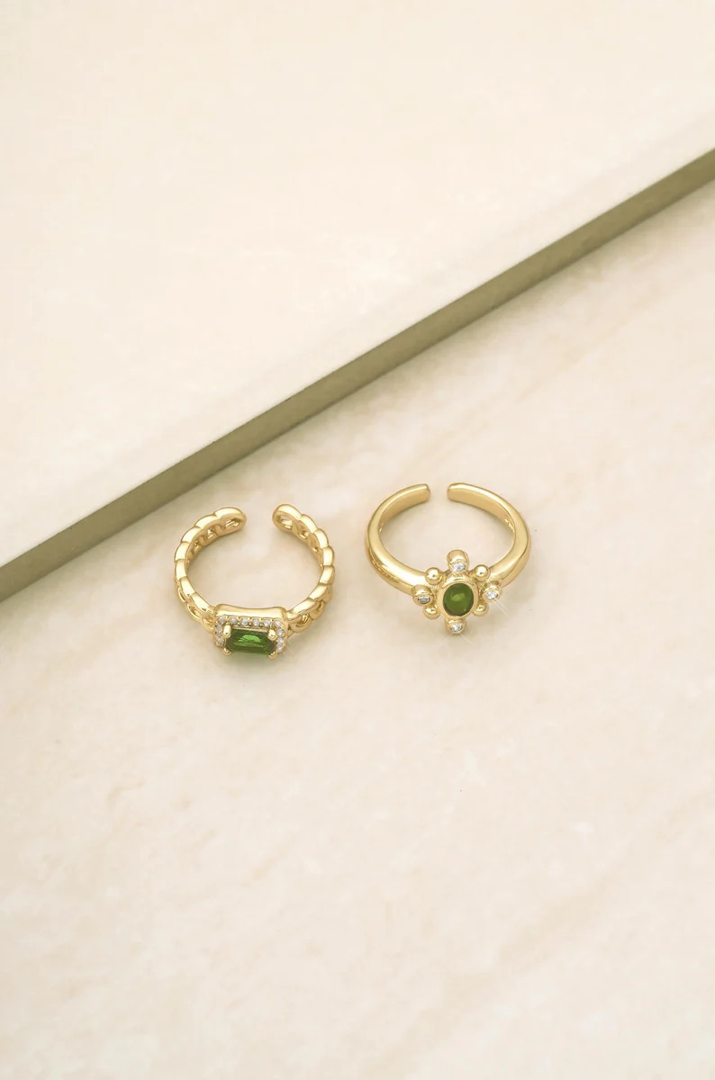 Emerald Green Crystal 18k Gold Plated Ring Set | Ettika