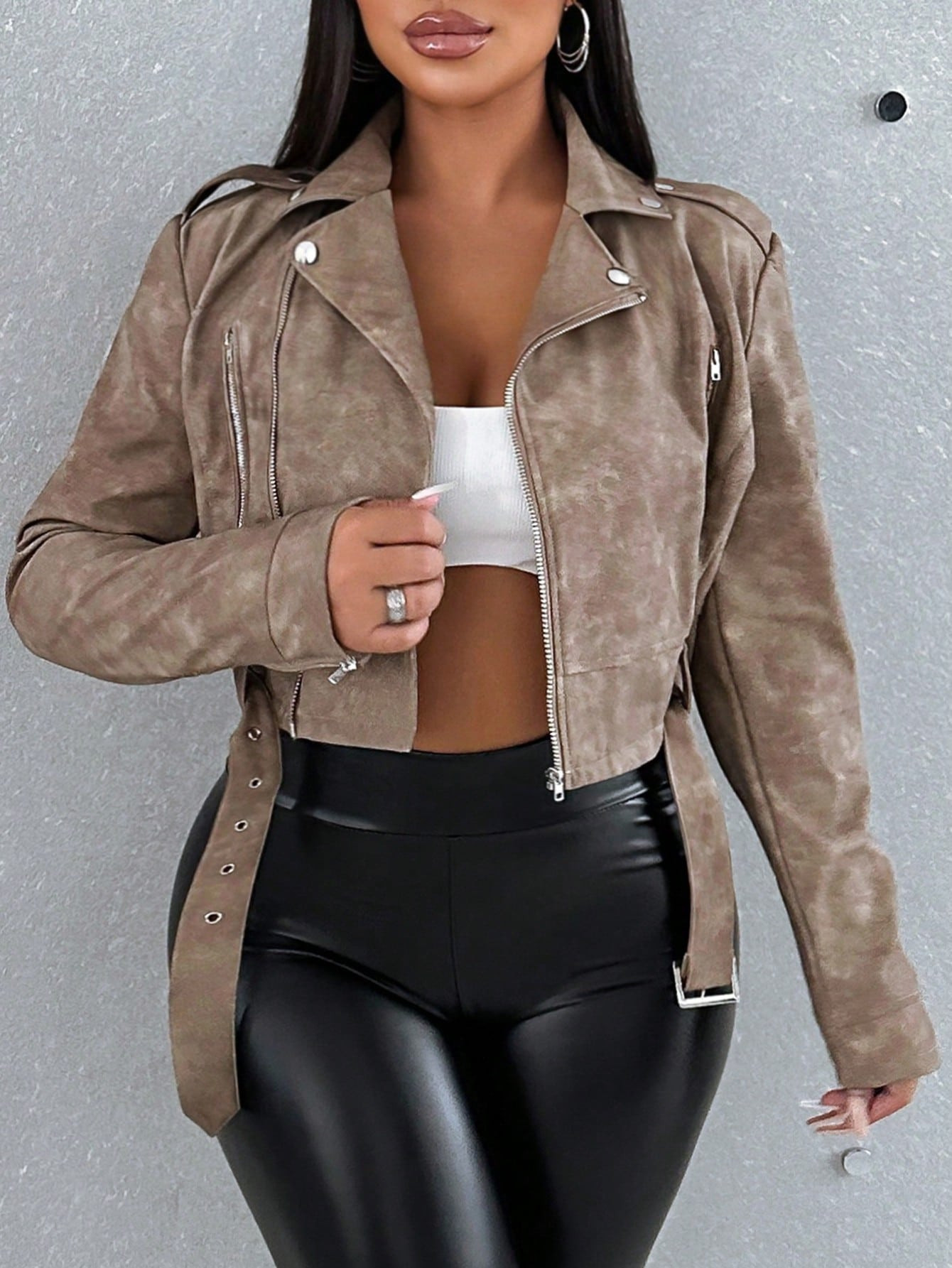 SHEIN Foxxy Women's Vintage Turn-Down Collar Zipper Waist Belt Leather Short Jacket | SHEIN