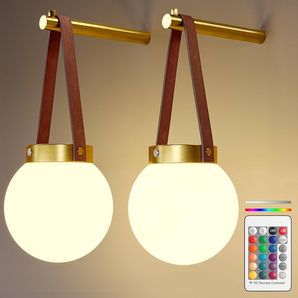 Juego de 2 apliques de pared a pilas, luces de pared inalámbricas doradas con control remoto cá... | Amazon (US)