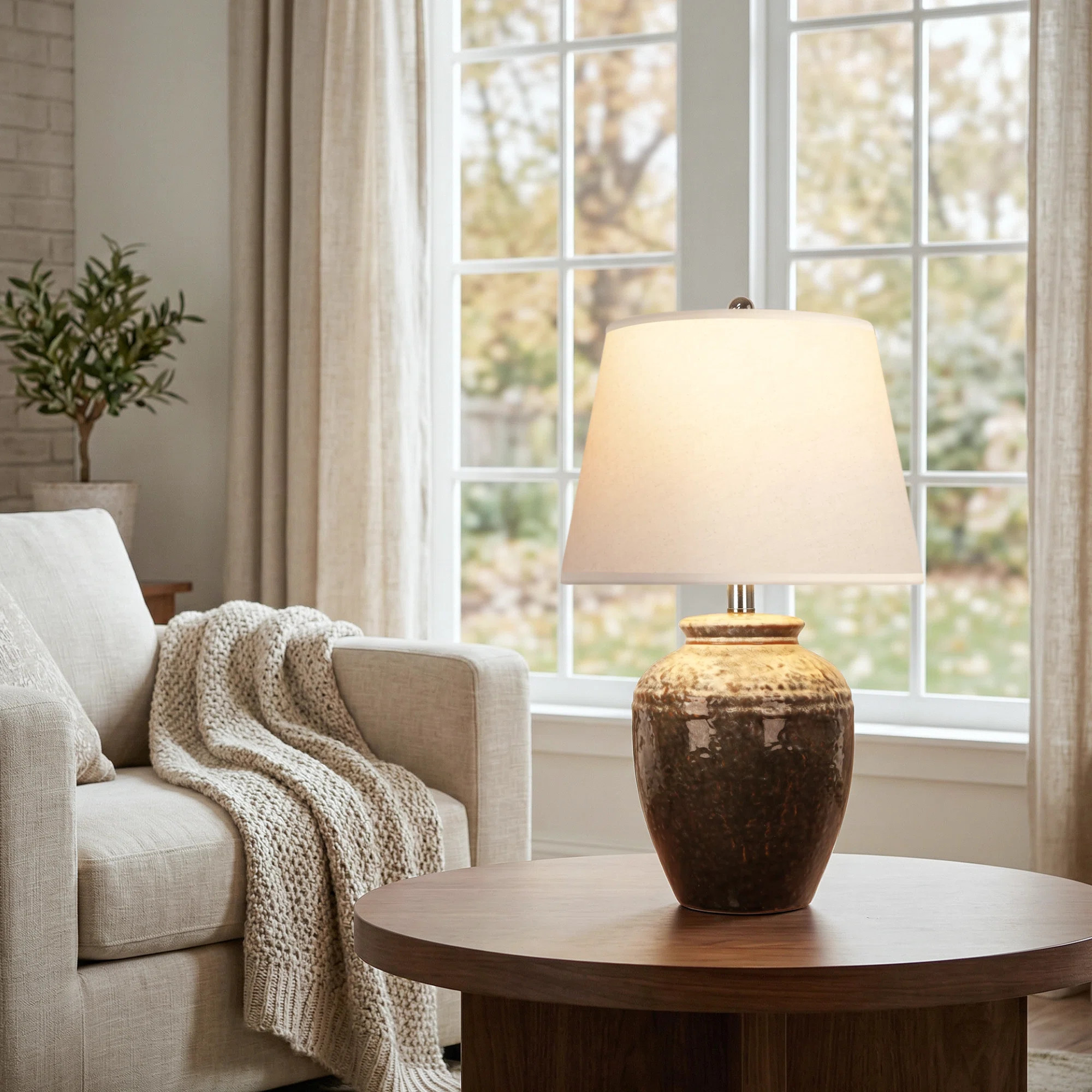 22in Rustic Ceramic Table Lamp With Linen Shade, Farmhouse Bedside Lamp For Living Room & Bedroom | Wayfair North America