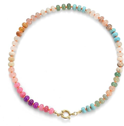 Natural Stone Beaded Necklace for Women Boho Colorful Beads Choker Necklace Rainbow Charm Necklac... | Amazon (US)