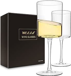 Large Square Wine Glasses Set of 2 Crystal,18oz Clear Cylinder Wine Glassware Flat Bottom,Hand Bl... | Amazon (US)