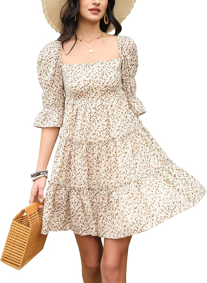 EXLURA Women's Tie Back Square Neck Dresses Puff Elbow Sleeve Off Shoulder Tiered Ruffle Floral B... | Amazon (US)