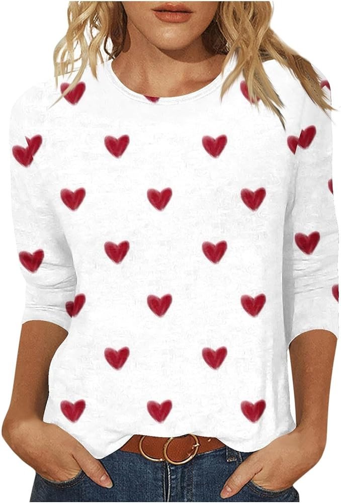 Valentines Day Shirts for Women Aesthetic Cute Love Heart Print T-Shirt 3/4 Length Sleeve Tunic T... | Amazon (US)