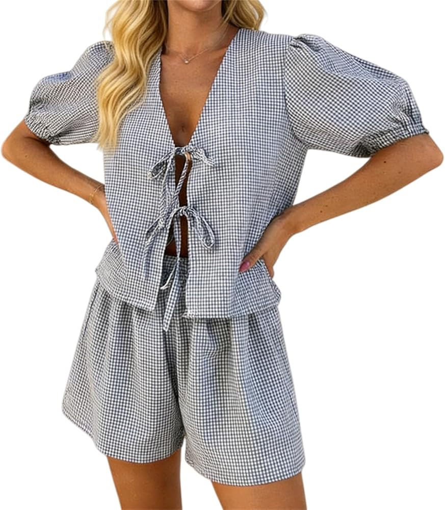 Yuemengxuan Women Y2k Peplum Shirt Shorts Set Two Piece Lounge Set Pajamas Sets Puff Sleeve Tie F... | Amazon (US)