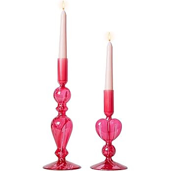 DN DECONATION Pink Glass Candle Holders Set of 2 – Heart Taper Candle Holders for Valentine's D... | Amazon (US)
