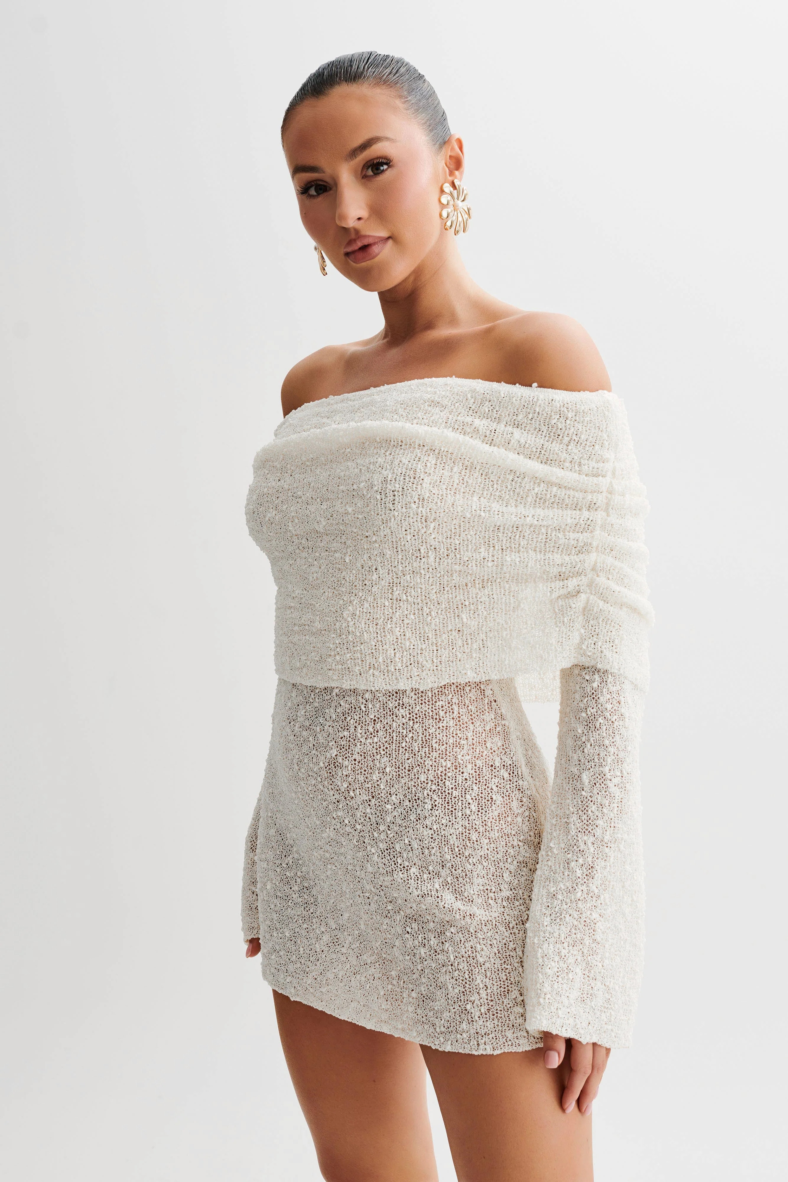 Marisol Off Shoulder Boucle Mini Dress - Ivory | MESHKI US