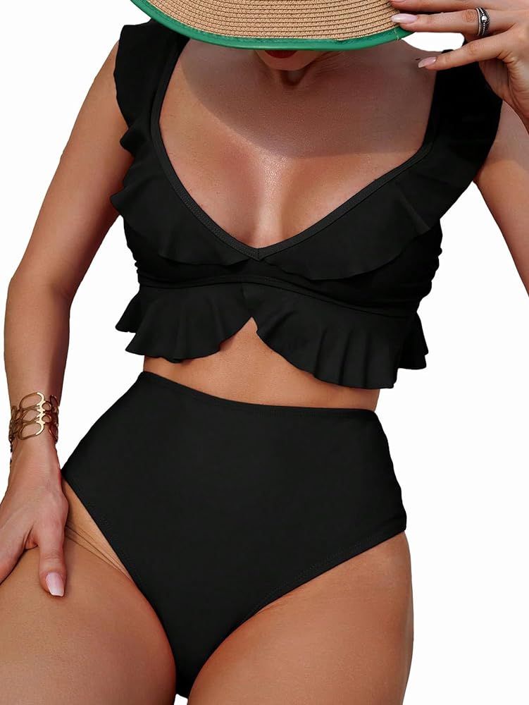 MakeMeChic Women's 2 Piece Bikini Set Ruffle Trim Bathing Suit V Neck Tie Back High Waisted Swims... | Amazon (US)