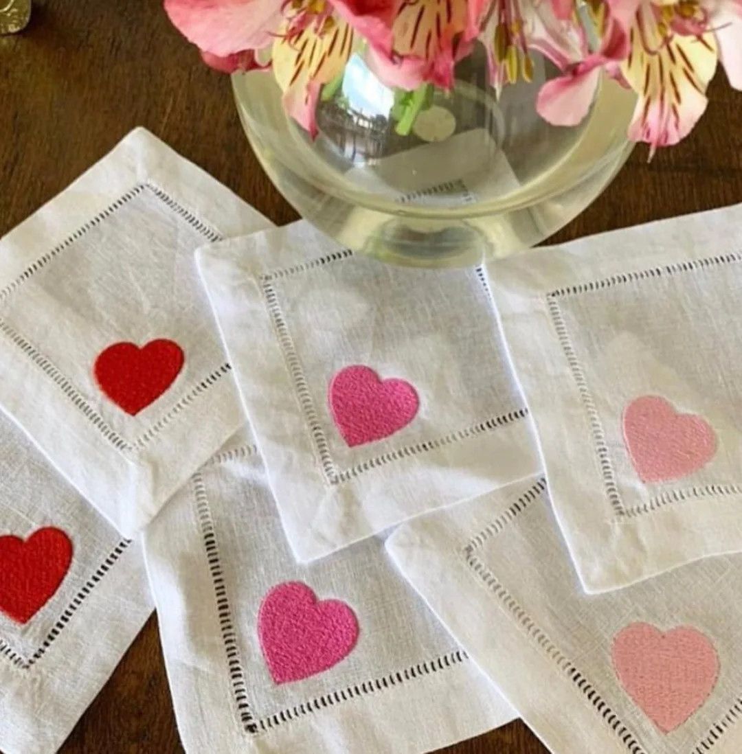 Embroidered Hearts Linen Cocktail Napkins, Valentine's Napkins, Valentine's Decor Dinner Napkins,... | Etsy (US)