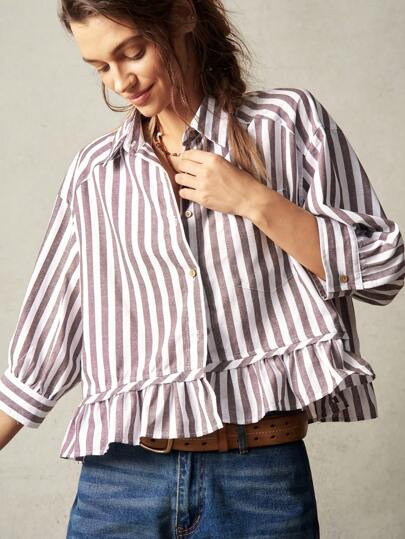 Bohemela Vacation Woven Striped Shirt For Women With Collar, 3/4 Ruffle Sleeve And Loose Fit | SHEIN